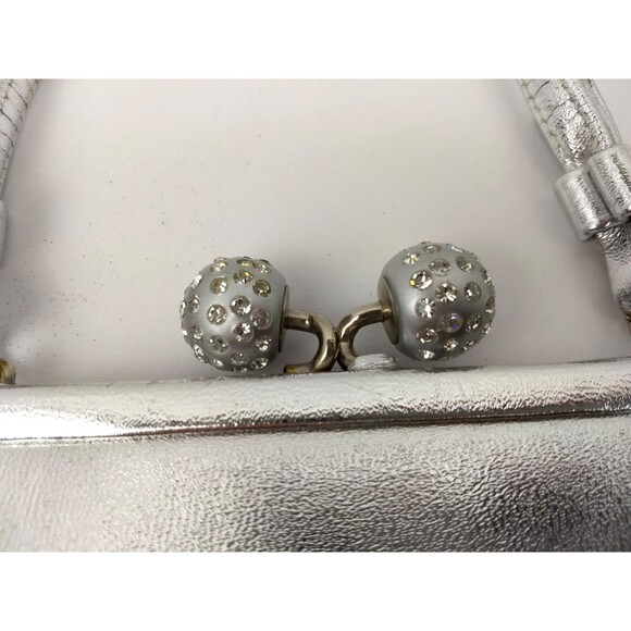 Vintage AFTER FIVE Silver Evening Clutch Hand Bag Rhinestone Orbs Kiss‎ Lock - Picture 3 of 16